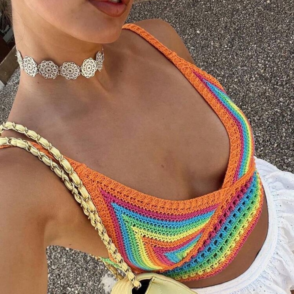 Summer Outfits Color Blocked, l Tops Bikini Beachwear Women's Knitted